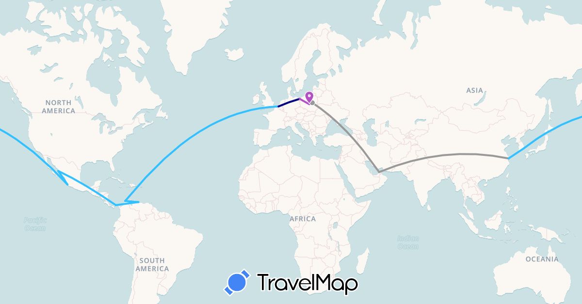 TravelMap itinerary: driving, plane, train, boat in United Arab Emirates, Belgium, China, Colombia, South Korea, Mexico, Panama, Poland, Venezuela (Asia, Europe, North America, South America)